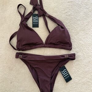 *NWT* Vetchy Women's Ribbed Shiny Brown Triangle Bikini Set, Size Small